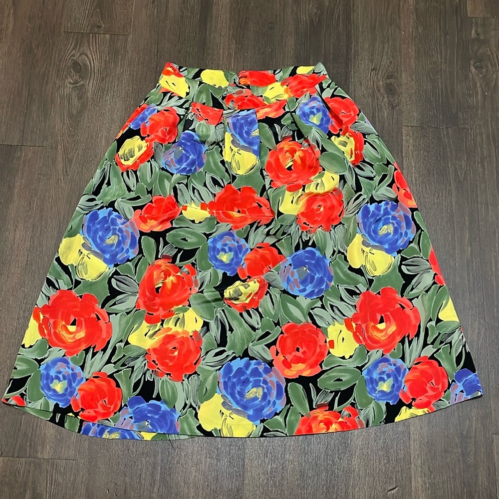 80s Vintage Long Flowy Floral Button Front Linen Blend Skirt Size 16 Colorful